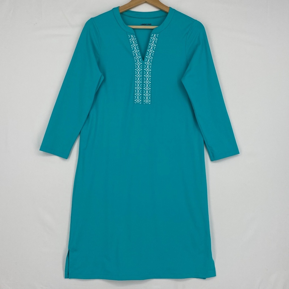 Lands' End Womens XS 2 4 Swim Suit Cover Up Beach Dress Aqua Blue Long Sleeves